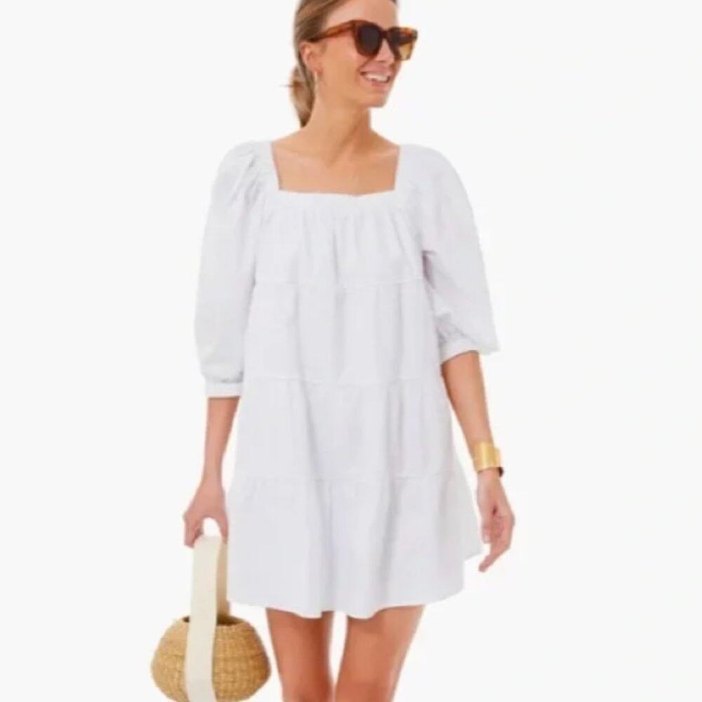 TUCKERNUCK x POMANDER PLACE Halile Tiered Dress Babydoll Puff Sleeve White VV36